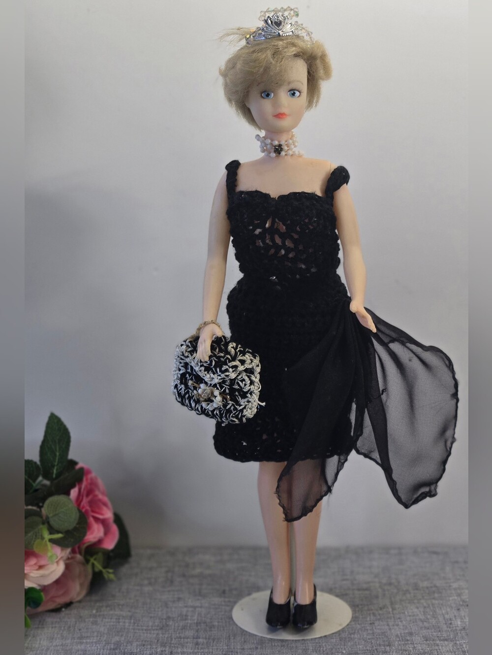 Vintage Princess Diana 17" Craft Doll Handmade Crochet Black Revenge Dress 90s
